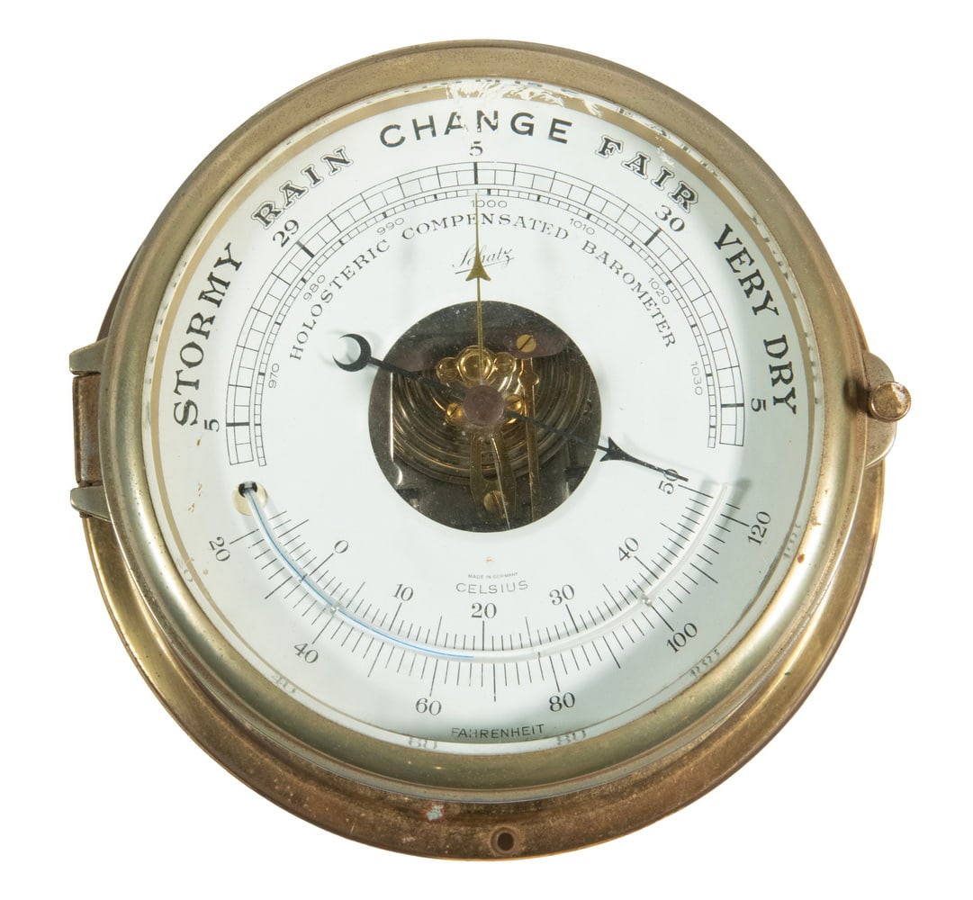 SCHATZ BRASS CASED BAROMETER & THERMOMETER: SCHATZ BRASS CASED BAROMETER & THERMOMETER Vintage German Made Precision Wall Mounted Instrument, housed in a brass ship-style case, with holosteric compensated barometer and Celsius/Fahrenheit thermo
