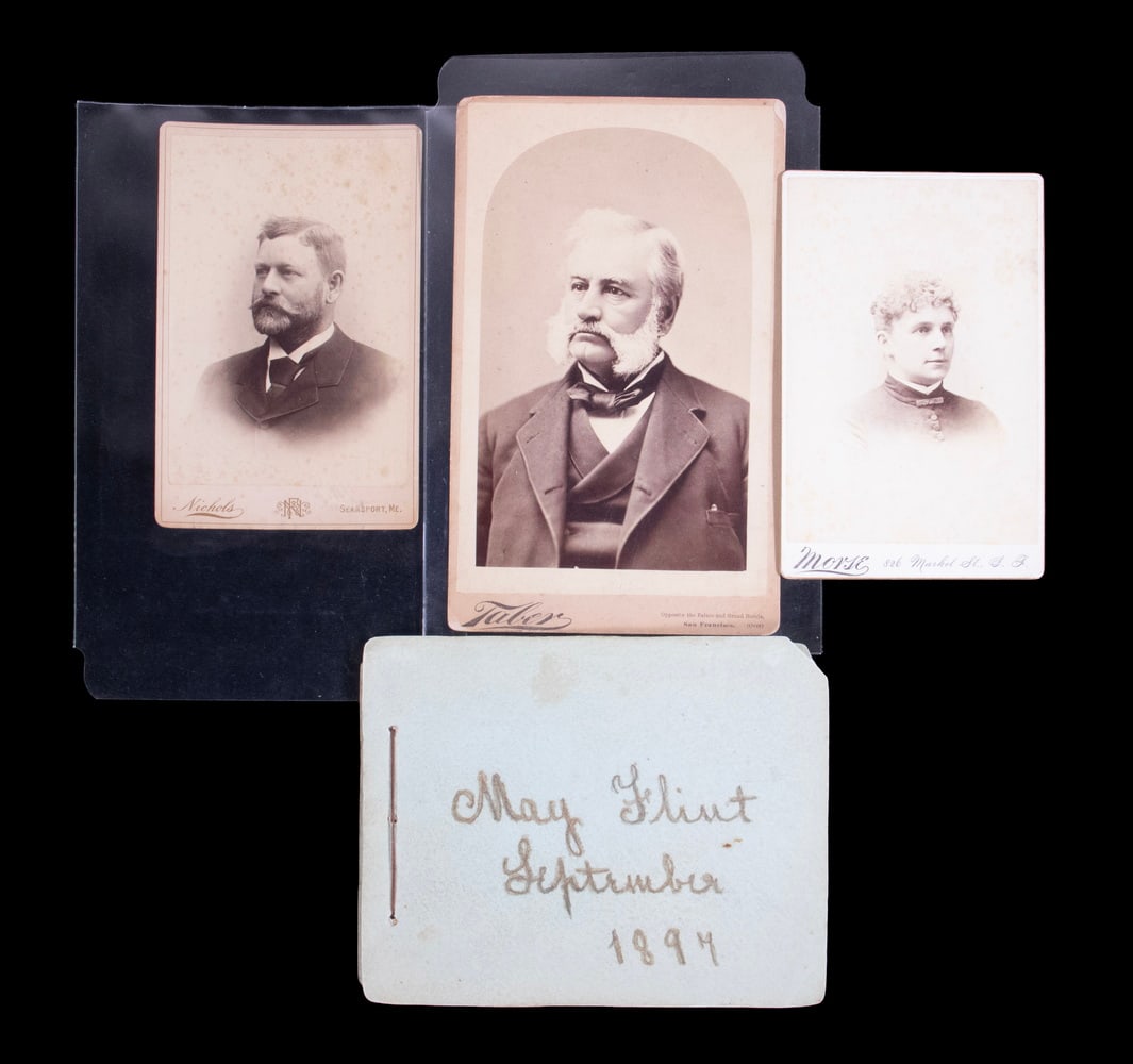 (3) PHOTOS SEA CAPT NICKLES & ALBUM FROM 1894 SHIP WRECK: (3) PHOTOS SEA CAPT NICKLES & ALBUM FROM 1894 SHIP WRECK Circa 1885 Cabinet Photos of Boston Capt. E.D.P. Nickels, signed, taken in Searsport, ME; Wife Emma Curtis Nickels, taken in San Francisco,