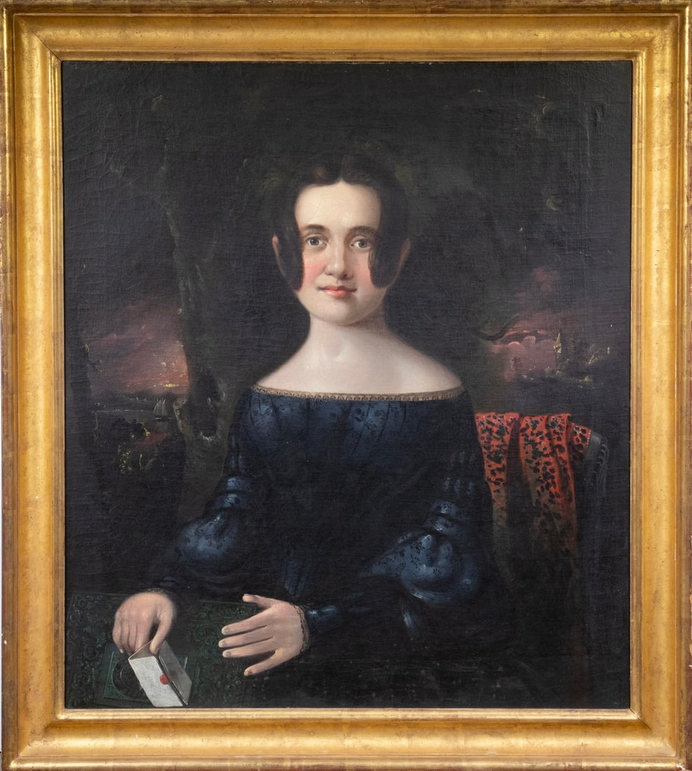 WILLIAM MATTHEW PRIOR (ME/MA, 1806-1873): WILLIAM MATTHEW PRIOR (ME/MA, 1806-1873) Portrait of a Young Raven Haired Woman with sidelocks and middle part framing brown eyes and a bashful smile, oil on canvas, inscribed verso by the artist "Wm.