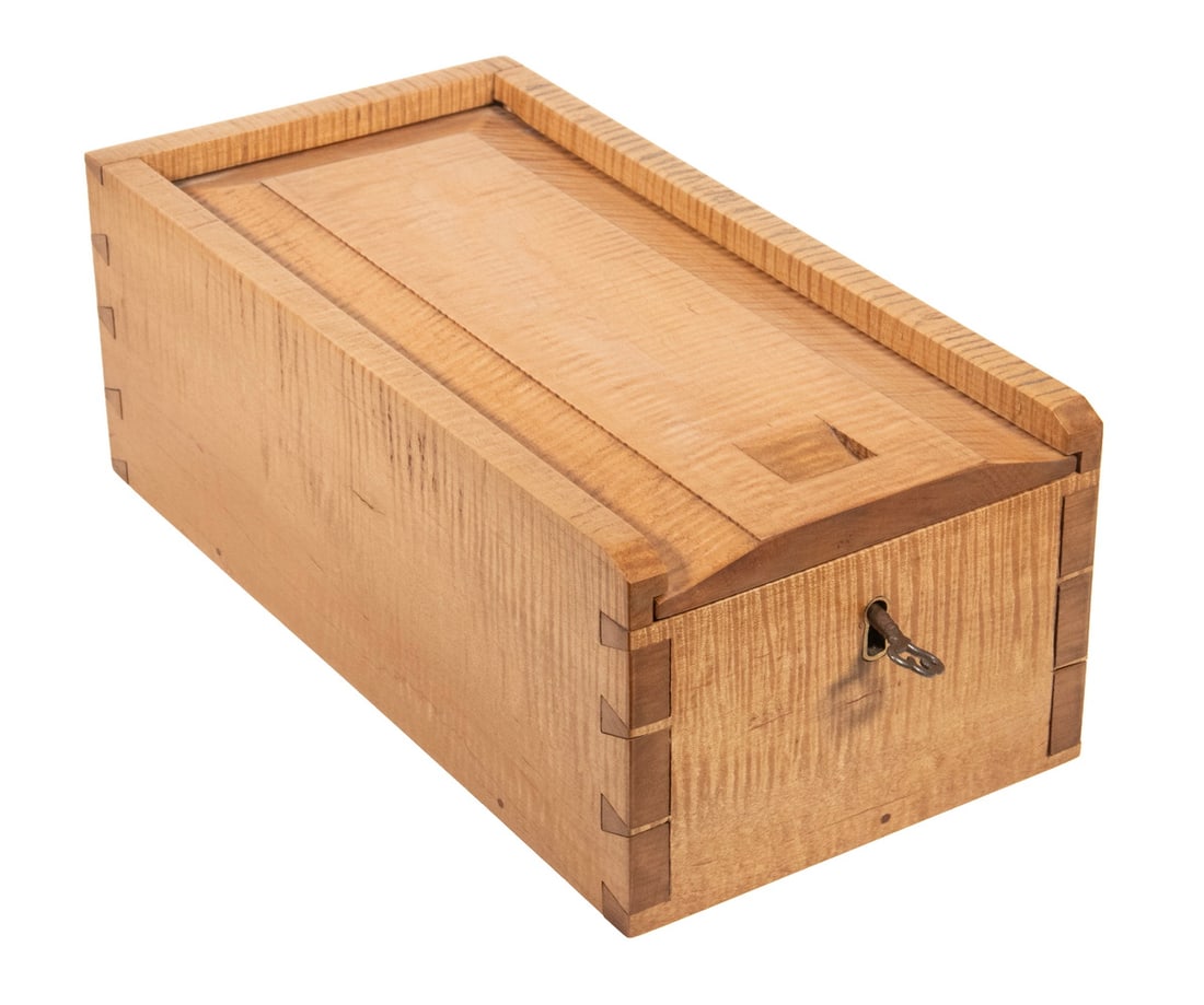19TH C. TIGER MAPLE LOCKING CANDLE BOX (1 of 3)