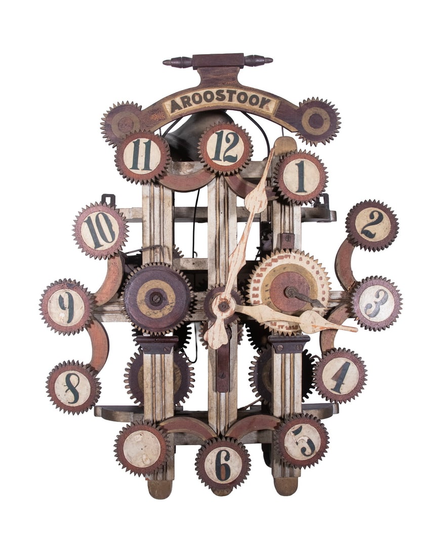 CIRCA 1875 FOLK ART AROOSTOOK MAINE WALL CLOCK: CIRCA 1875 FOLK ART AROOSTOOK MAINE WALL CLOCK Unique Hand Built Walnut Skeletal Clock with all wooden works, possibly by Janes Kendrick Osgood of Houlton, having painted numbers and an "Aroostook"