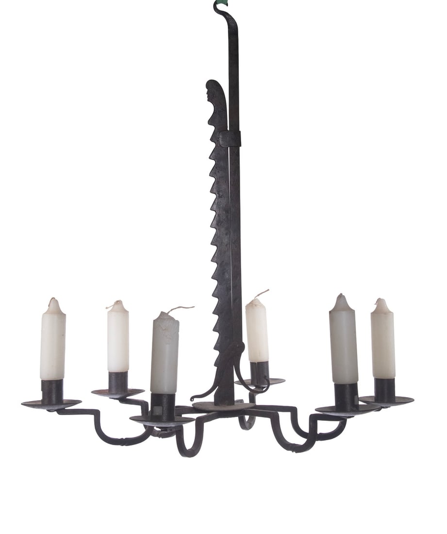 COLONIAL STYLE IRON TRAMMEL CANDLE CHANDELIER: COLONIAL STYLE IRON TRAMMEL CANDLE CHANDELIER Hand Forged 6-Arm Ceiling Light, with trammel form adjustable suspension, shaped and twisted arms, each arm fitted with a candle cup and bobeche. Size: