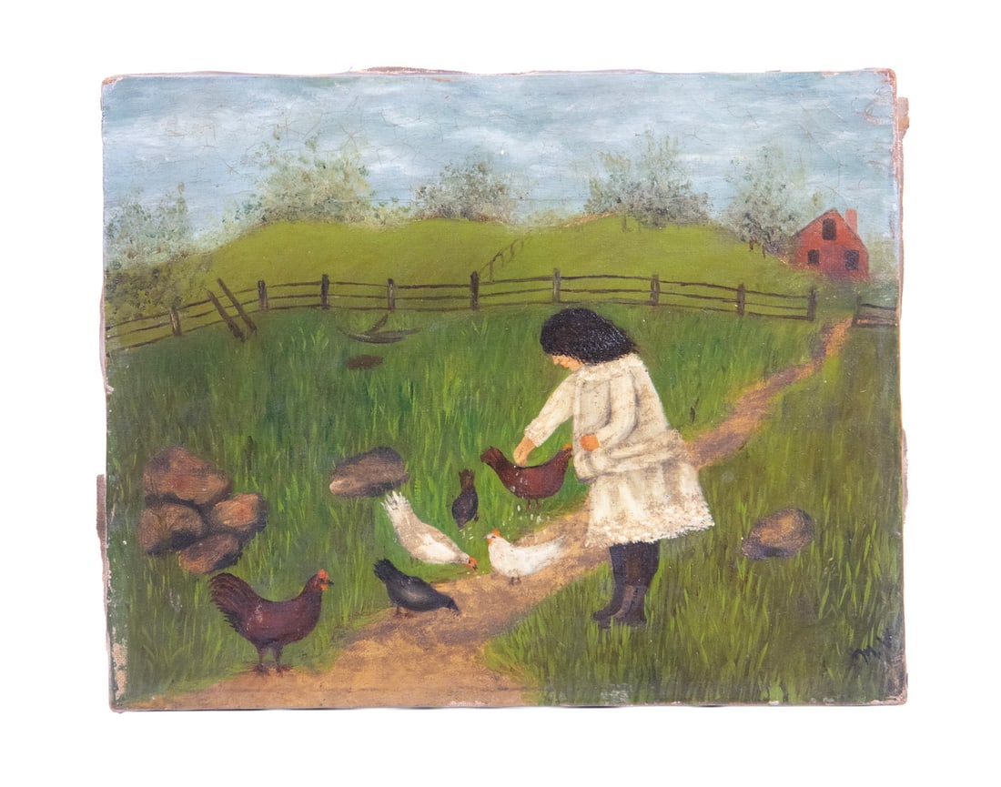 PRIMITIVE PAINTING OF GIRL AND CHICKENS: PRIMITIVE PAINTING OF GIRL AND CHICKENS Feeding the Flock, oil on canvas, signed lower right "M.V.", a charming 19th c. rural scene, accompanied by a note: "This is said to have been painted by a