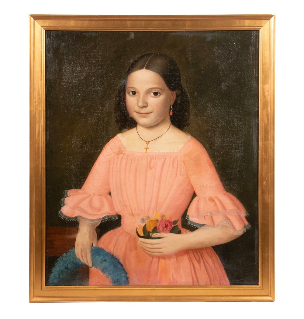 NEW ENGLAND NAIVE PORTRAIT OF A YOUNG GIRL, CIRCA 1840: NEW ENGLAND NAIVE PORTRAIT OF A YOUNG GIRL, CIRCA 1840 Young Woman in Pink Easter Dress, with ruffled lace trimmed cuffs, holding a posy and a blue feathered crown, choker with gold cross and coral