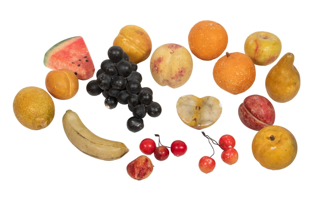 (16 PC) STONE FRUIT COLLECTION: (16 PC) STONE FRUIT COLLECTION Large Group of Vintage Carved Stone Fruit, incl: (3) apples, (2) oranges, (2) peaches, lemon, banana, cluster of grapes, pear, cherries, apricot, plum, fig, watermelon