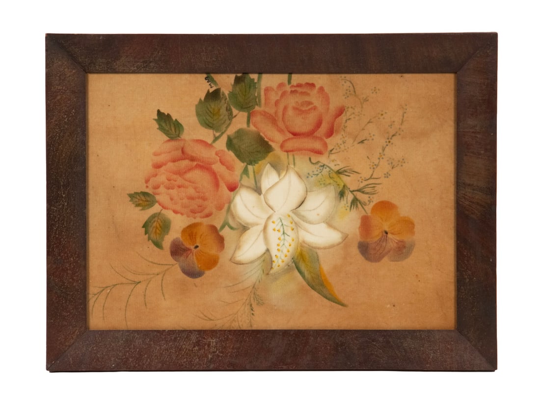 VINTAGE THEOREM ON VELVET: VINTAGE THEOREM ON VELVET Flowers on Buff Field, in mahogany mitered frame, under old rippled glass. OS: 12 x 16 in. (30.5 x 40.6 cm.), SS: 9 1/2 x 13 1/2 in. (24.1 x 34.3 cm.)
