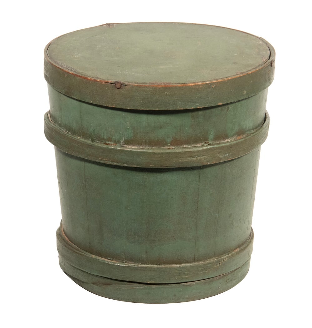 19TH C. GREEN PAINTED COVERED FIRKIN: 19TH C. GREEN PAINTED COVERED FIRKIN Early Lidded Firkin, tapered cylindrical shape, staved construction with tapered lap-joint wood body bands. Size: 10 1/2 x 10 1/2 in. (26.7 x 26.7 cm.)