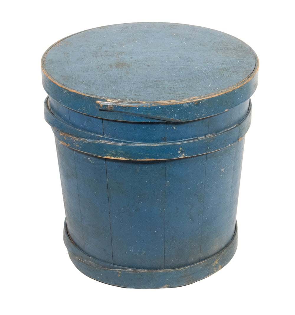 19TH C. BLUE PAINTED COVERED FIRKIN: 19TH C. BLUE PAINTED COVERED FIRKIN Early Lidded Softwood Firkin, wide to narrow tapered cylindrical shape, with single finger lapped lid joint, staved construction with tapered lap-joint wood body