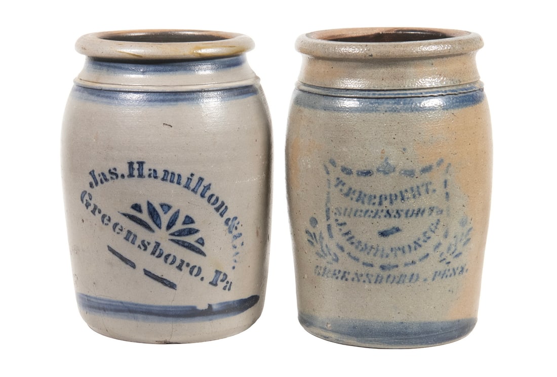 (2) GREENSBORO, PA STENCILED STONEWARE JARS: (2) GREENSBORO, PA STENCILED STONEWARE JARS Lot of (2) American 19th c. Semi-Ovoid Stoneware Jars, with cobalt blue stenciled decoration, tooled shoulders and rounded rims, incl: Circa 1875 vessel by