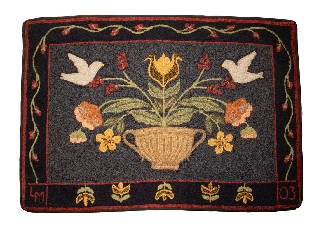 PICTORIAL HOOKED RUG: PICTORIAL HOOKED RUG Two Doves Flanking a Floral Urn, on grey field, with black border having vine and tulips, initialed and dated "LM 03." Fine unused condition. Size: 31 x 46 in. (78.7 x 116.8 cm.)