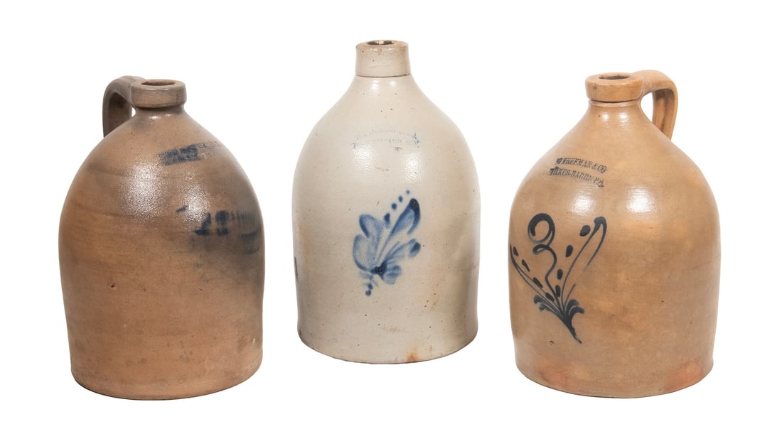 (3) 19TH C. AMERICAN SALT GLAZED 1-GALLON STONEWARE JUGS: (3) 19TH C. AMERICAN SALT GLAZED 1-GALLON STONEWARE JUGS Including: Haxtun & Co., Fort Edward, NY jug, with flat rim, cobalt slip trailed leaf decoration, stamped with maker's name, 11 1/2" high, 7"