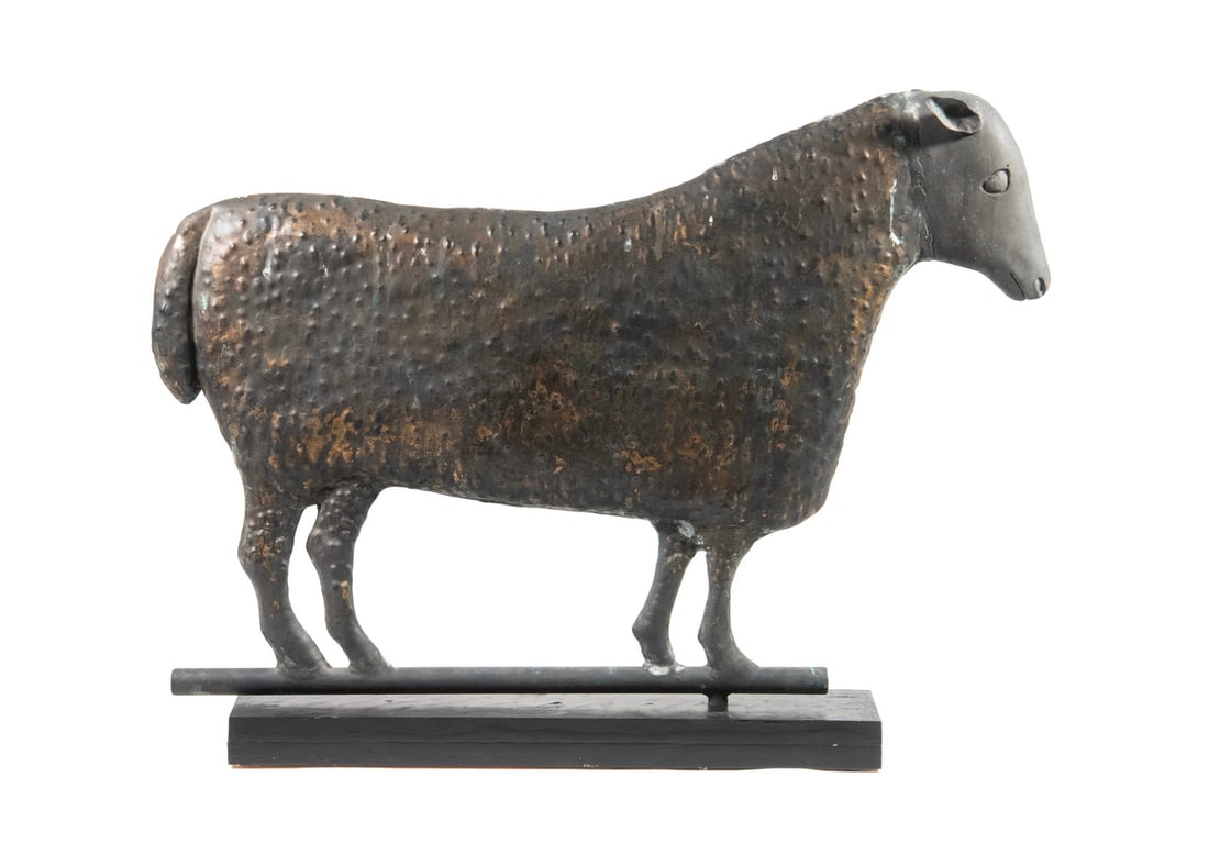 SCARCE VINTAGE 19TH C. EWE WEATHERVANE: SCARCE VINTAGE 19TH C. EWE WEATHERVANE Circa 1870 Folk Art Molded Copper in untouched patina, with cast zinc head, intact tube armature, displayed on black wooden plinth, attributed to Cushing and