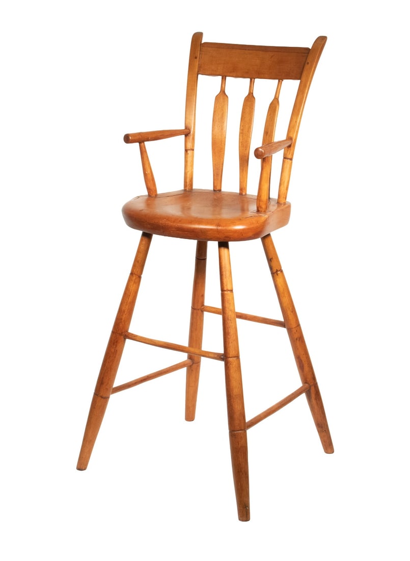 COUNTRY ARROWBACK HIGH CHAIR: COUNTRY ARROWBACK HIGH CHAIR Sheraton Child's Chair, in spruce and ash, thumb frame with three slats, splayed legs with doubled stretcher. Sturdy, refinished. OS: 36 x 23 x 28 in. (91.4 x 58.4 x 71.1