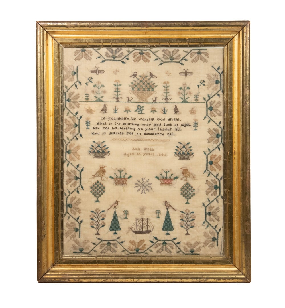 CREWELWORK POETRY, ANN WEBB, 1845: CREWELWORK POETRY, ANN WEBB, 1845 Single Devotional Verse, with maker's name and date, surrounded by blossoming vines and many creatures, a sailing ship at bottom flanked by pines, in vintage lemon