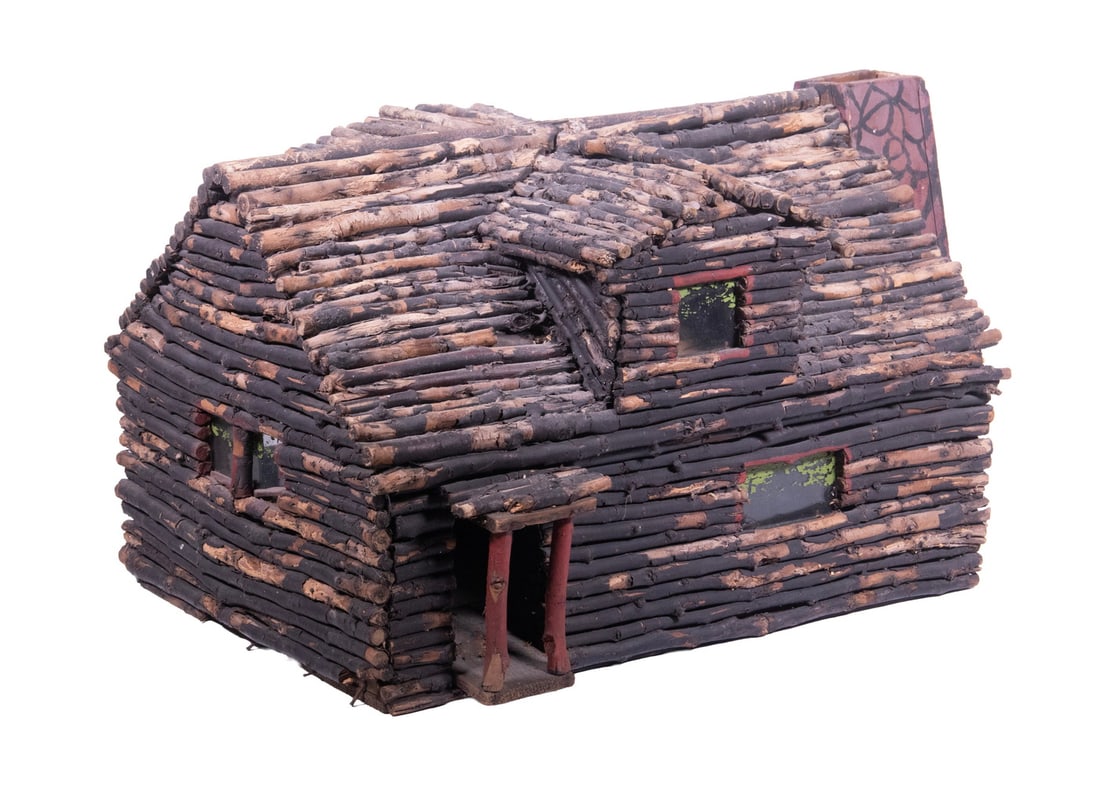 VINTAGE FOLK ART MODEL OF A LOG CABIN: VINTAGE FOLK ART MODEL OF A LOG CABIN Circa 1930's, constructed of Twigs over pine boards, with glass windows, two gables and a covered stoop, painted end chimney. Found in Maine. Size: 12 x 15 x 20 i
