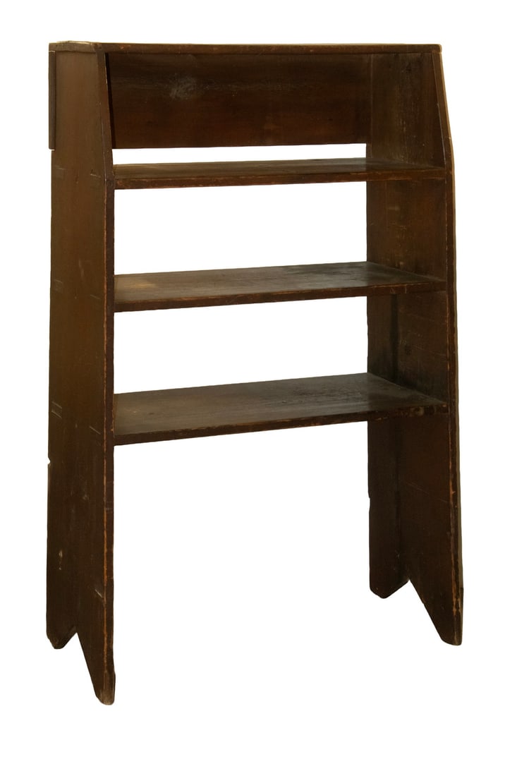 19TH C. RED PAINTED BUCKET BENCH: 19TH C. RED PAINTED BUCKET BENCH Country Three Shelf Bucket Bench, with through-mortise construction, red painted surface, cut-out sides. Size: 52 1/2 x 13 x 34 in. (133.4 x 33 x 86.4 cm.)