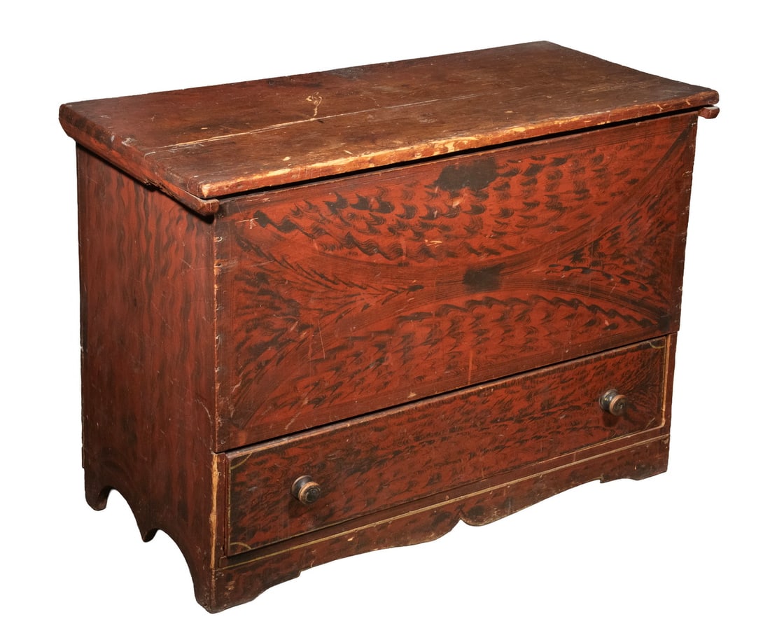 CIRCA 1830 PINE BLANKET CHEST IN RED & BLACK PAINT (1 of 3)