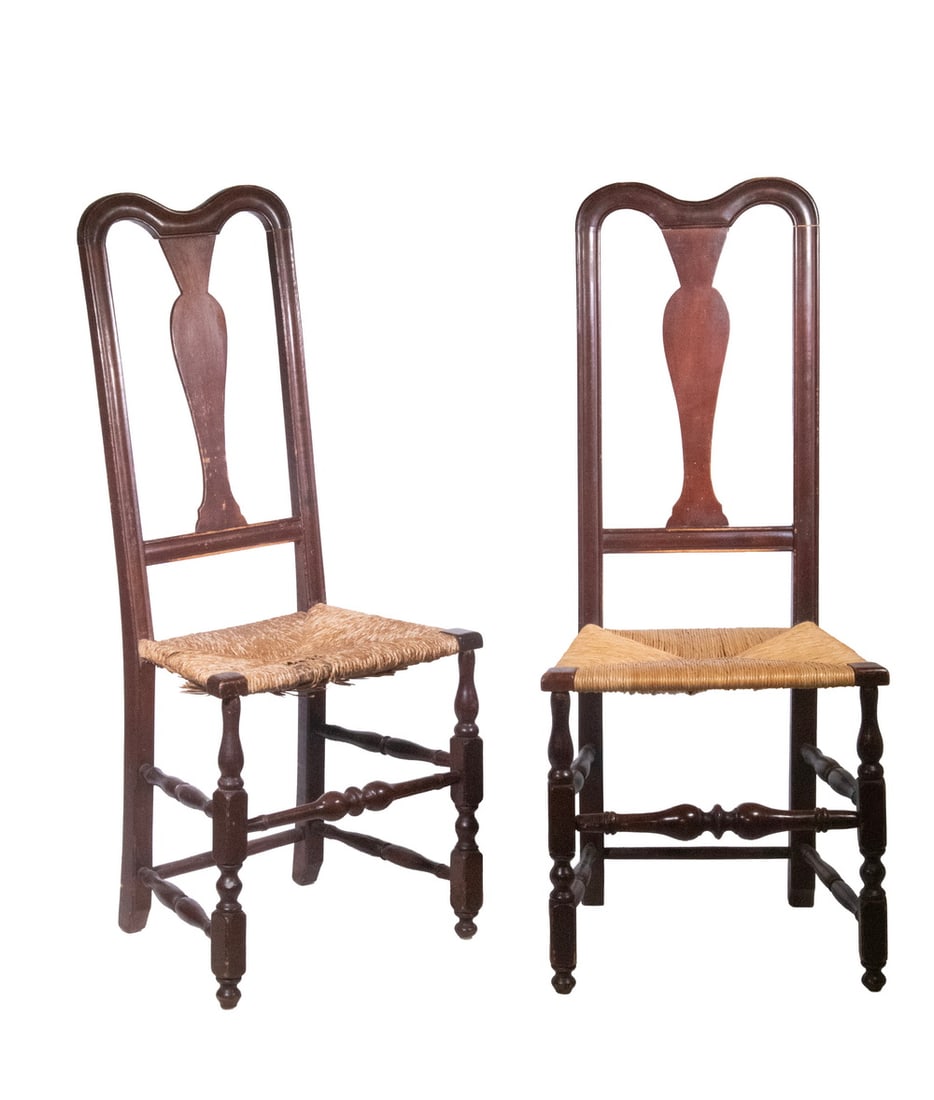PR QUEEN ANNE SPANISH FOOT SIDE CHAIRS: PR QUEEN ANNE SPANISH FOOT SIDE CHAIRS Pair of 18th c. Chairs, with painted surfaces, each with shaped crest rail, vasiform back splat, trapezoidal shaped rush seats (one newer), bulbous turned front 