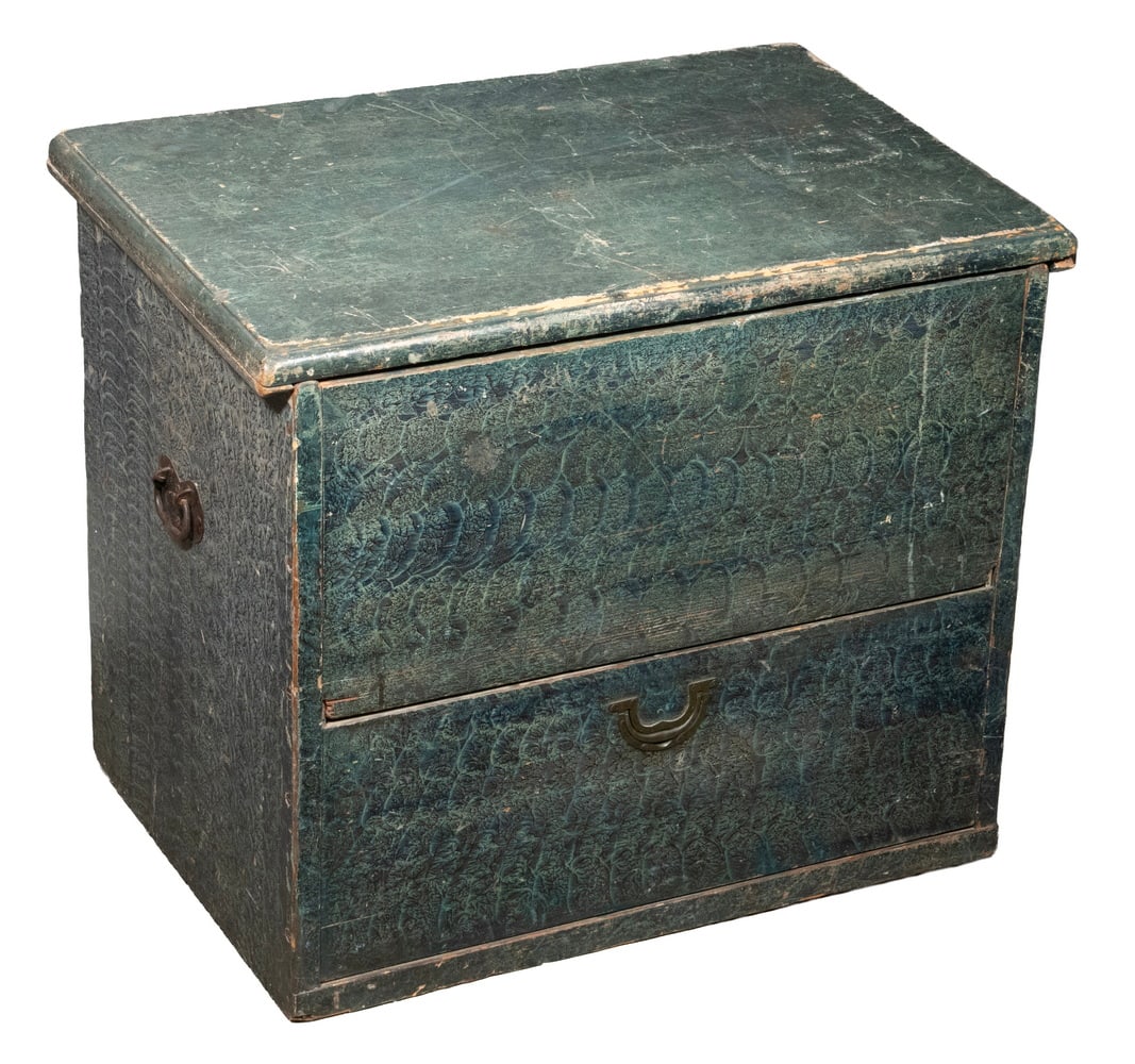 CIRCA 1850 CHEST IN BLUE PAINT CONVERTED TO FIREWOOD BOX: CIRCA 1850 CHEST IN BLUE PAINT CONVERTED TO FIREWOOD BOX Pine Blanket Chest in dumpcart blue paint, dovetail construction, with molded lift top, single drawer converted to faux front, with flush