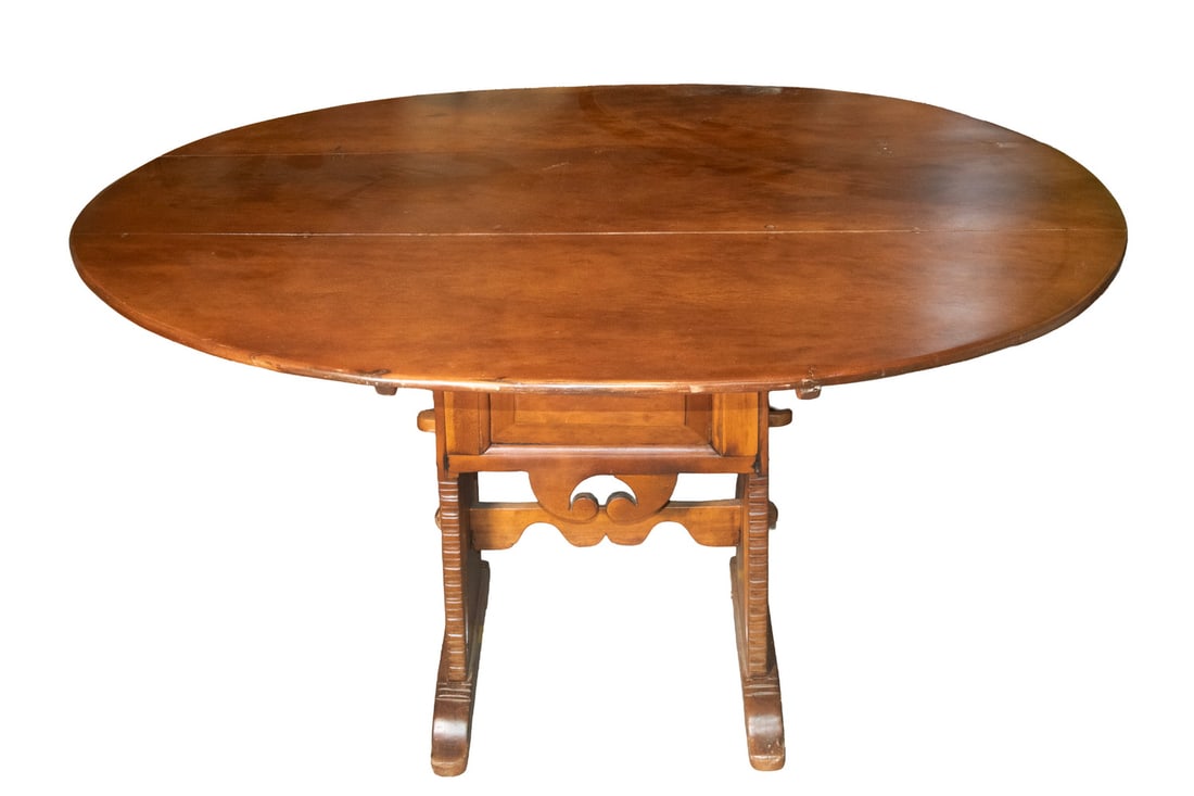 CHERRY TILT-TOP TRESTLE BASE CHAIR TABLE: CHERRY TILT-TOP TRESTLE BASE CHAIR TABLE Custom Table, created from old reclaimed wood, having a removable oval three-board top with butterfly joints, on a box design trestle base with lift lid, with