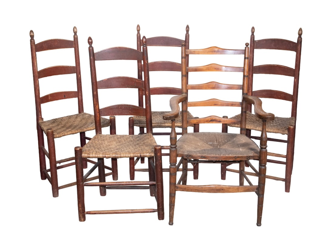 (5 PCS) ASSEMBLED COLONIAL STYLE ARMCHAIR & (4) SIDE CHAIRS: (5 PCS) ASSEMBLED COLONIAL STYLE ARMCHAIR & (4) SIDE CHAIRS Ladderback with acorn or cannonball finials, the armchair having some age, with out scrolled arms, in maple, with rush seat; the side
