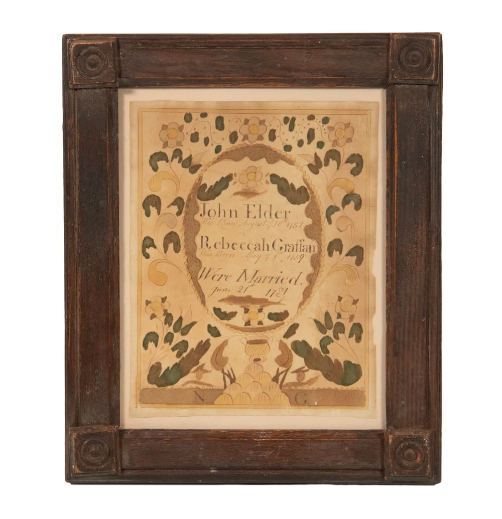 POST 1830 WINDHAM, MAINE FRAKTUR - ELDER / GRAFFAM FAMILY: POST 1830 WINDHAM, MAINE FRAKTUR - ELDER / GRAFFAM FAMILY Watercolor on laid paper commemorating John Elder (Aug 20, 1752 - May 15, 1828) and his wife Rebeccah Graffam (May 1, 1759 - 5 Oct, 1825), of