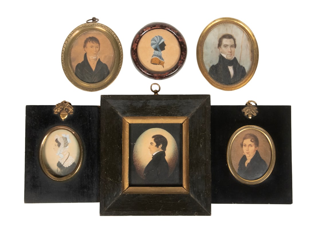(6) MID 19TH C. NEW ENGLAND MINIATURE PORTRAITS: (6) MID 19TH C. NEW ENGLAND MINIATURE PORTRAITS Including: "J. Shoemaker, Germantown, PA, 1789-1847", black haired gent facing left, oval w/c on card in rect. black frame, 5 3/4" x 5 2/4"; "Mr. John