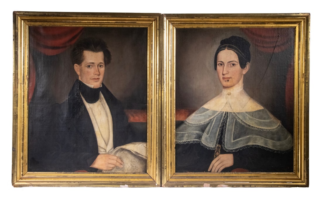 JOSEPH WHITING STOCK (MA, 1815-1855): JOSEPH WHITING STOCK (MA, 1815-1855) (2) Portraits of an Unidentified Man & Woman, oil on canvas, unsigned, he depicted reading a newspaper, she with sheer mantle, with red drape over opposing left an