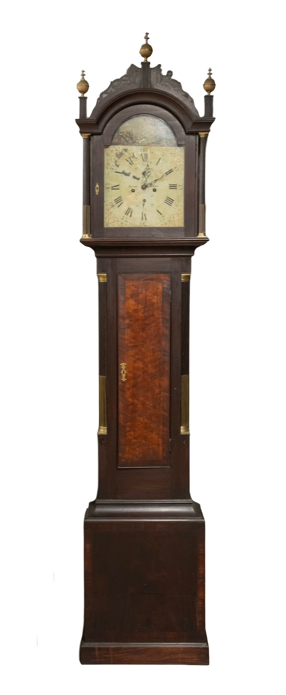 SIMON WILLARD GRANDFATHER CLOCK: SIMON WILLARD GRANDFATHER CLOCK Tall Case Chippendale Clock in mahogany, by Simon Willard (Grafton, Mass,1753-1848) circa 1810, with highly flame figured door, arched bonnet with latticework, three sp
