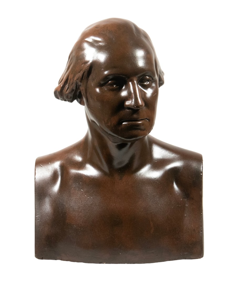 LIFE-SIZED BRONZE FINISHED BUST OF WASHINGTON: LIFE-SIZED BRONZE FINISHED BUST OF WASHINGTON Mid 20th c. Hollow Plaster Bust in bronze metallic enamel paint, unmarked. Size: 20 x 11 x 13 1/2 in. (50.8 x 27.9 x 34.3 cm.)