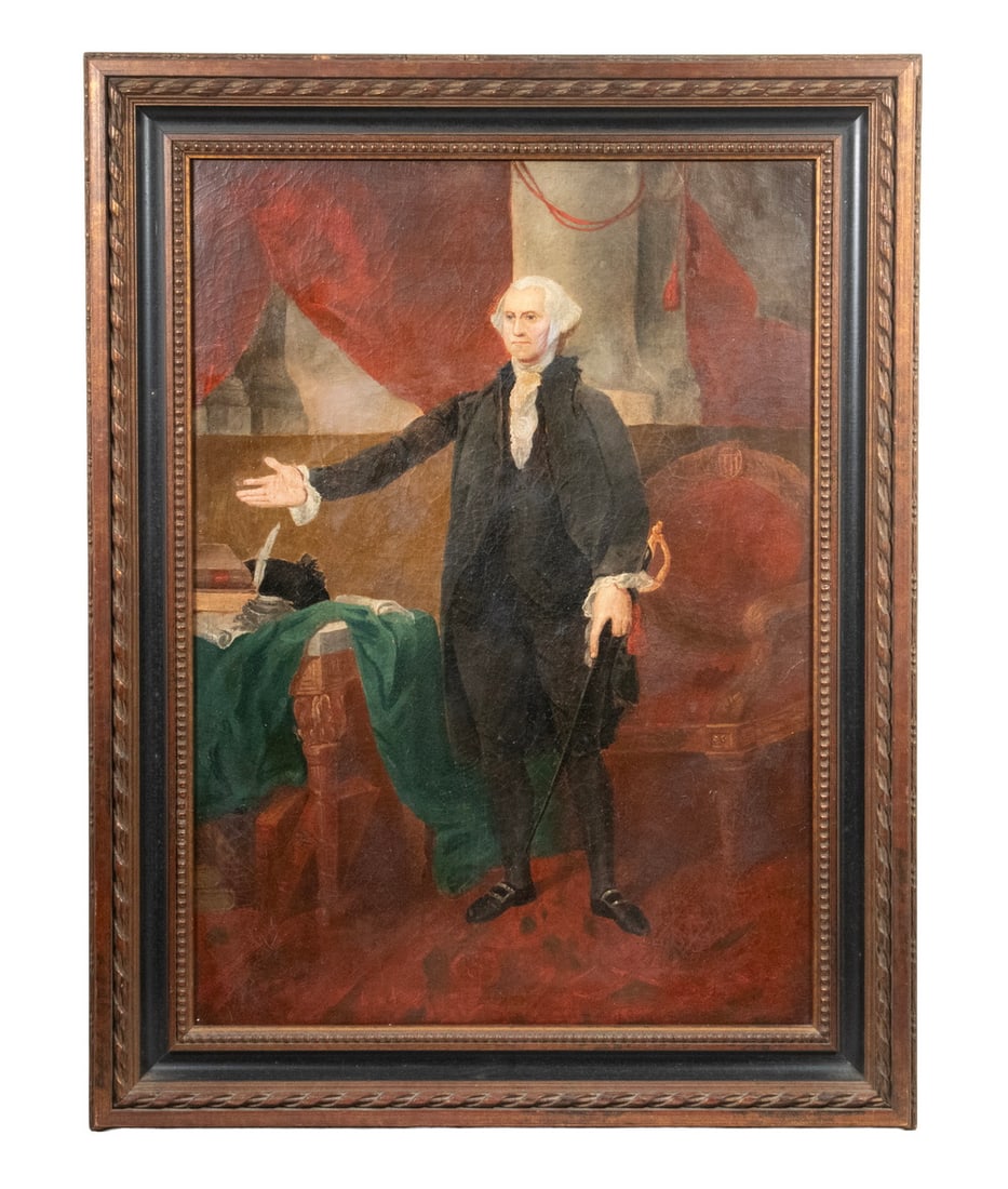 AFTER GILBERT STUART (MA/RI/UK, 1755-1828): AFTER GILBERT STUART (MA/RI/UK, 1755-1828) Naive Copy of "The Lansdowne Portrait" of 1796, Washington depicted standing in a rich interior, his hand outstretched to a writing quill, probably
