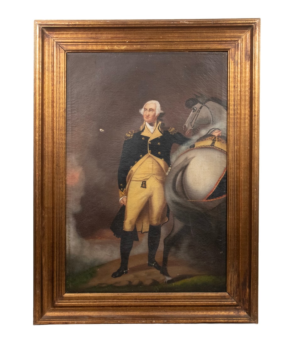 AFTER GILBERT STUART (MA/RI/UK, 1755-1828): AFTER GILBERT STUART (MA/RI/UK, 1755-1828) Full Length Portrait of Washington with his Horse viewing Boston from Dorchester Heights, the original is in the Boston MFA, oil on canvas, in vintage gold