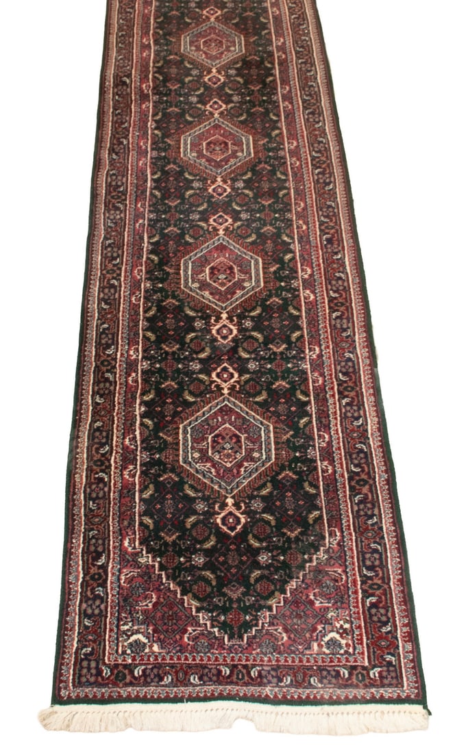 HAMADAN RUG LONG RUNNER (19' x 2.7'): HAMADAN RUG LONG RUNNER (19' x 2.7') Fine Wool Hall Runner, 9 medallion, in dark blue, wine, green, blue and white. Size: 32 x 234 in. (81.3 x 594.4 cm.)