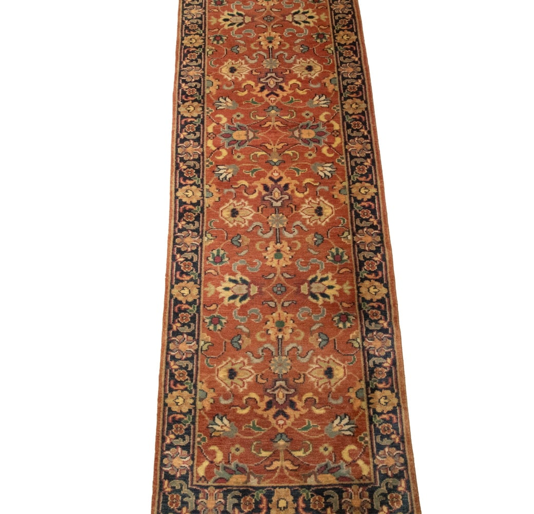 INDO-PERSIAN RUNNER (2'6" X 17' 6"): INDO-PERSIAN RUNNER (2'6" X 17' 6") Made in India during the late 20th Century. Features an overall design of flowering vines and palmettes in midnight blue, blue-green, gold and ivory on the