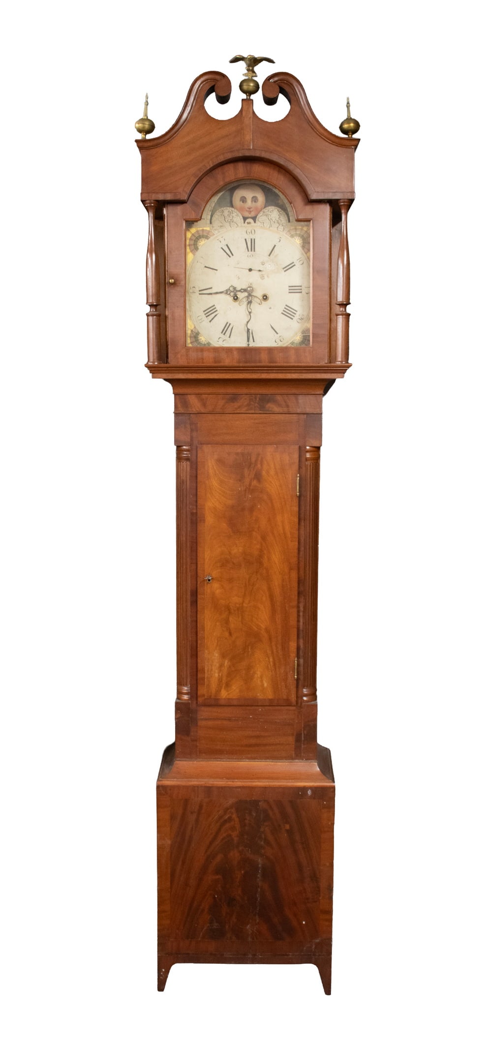 18TH C. AMERICAN CHIPPENDALE TALL CLOCK: 18TH C. AMERICAN CHIPPENDALE TALL CLOCK Well Proportioned Tall Clock in flame and crotch mahogany with cross banding, broken pediment bonnet, with brass finials and eagle, painted iron dial, unmarked,