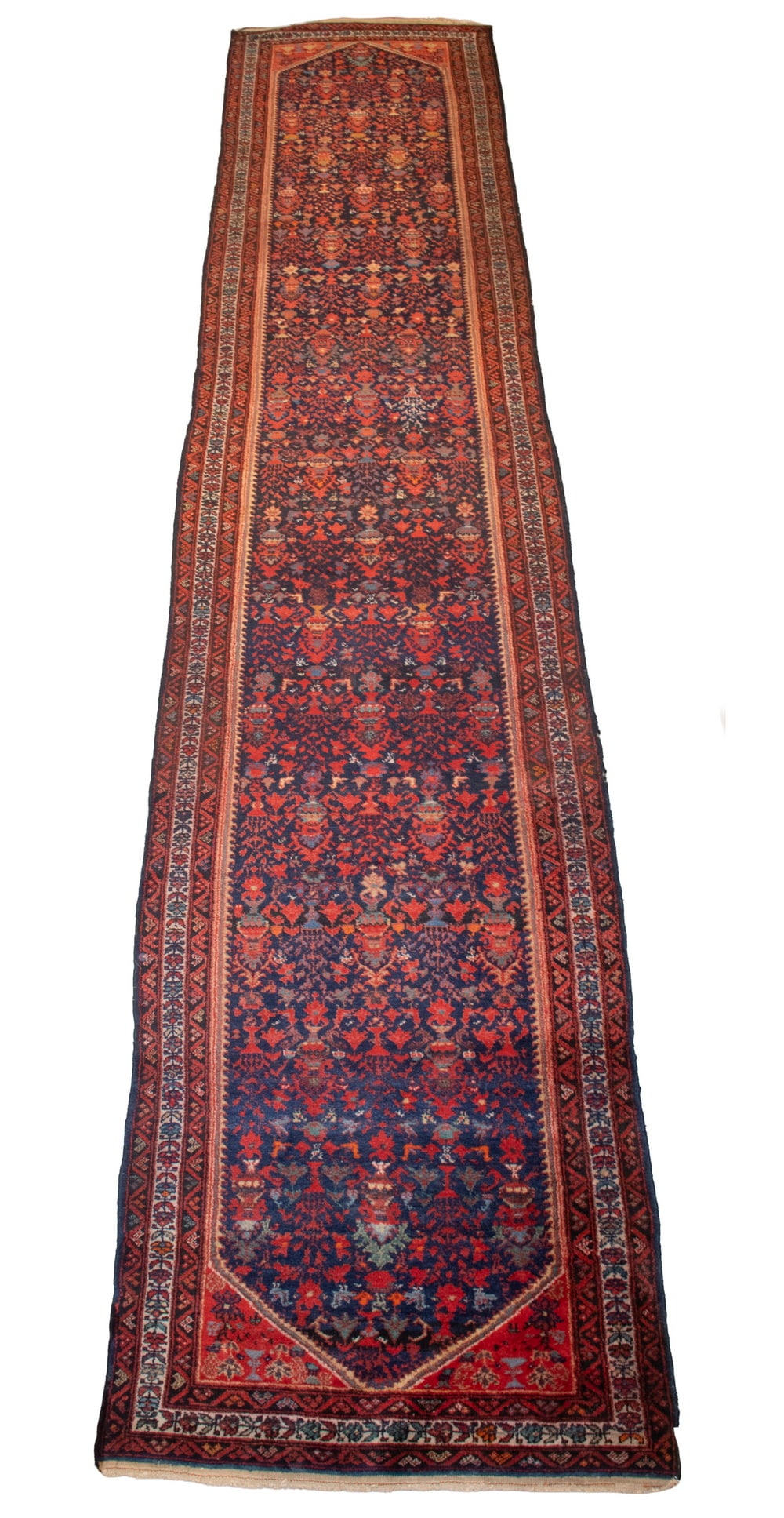 QUALITY HAMADAN PERSIAN RUNNER (3'5" x 15'10"): QUALITY HAMADAN PERSIAN RUNNER (3'5" x 15'10") Clean Early 20th c. Hamadan Runner richly colored with single dark blue field covered with blossoms, the rose border with brackets. Size: 41 x 190 in.