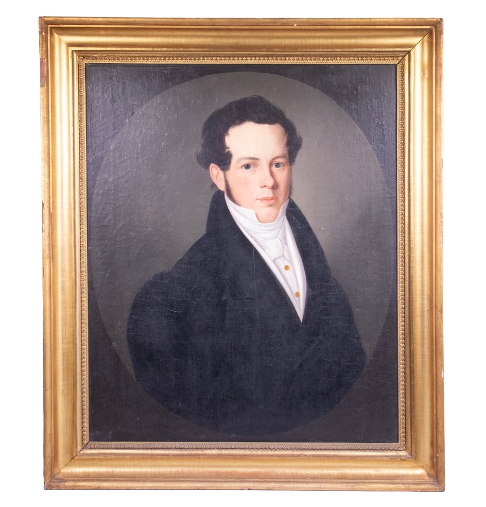 CIRCA 1810 PORTRAIT OF A MAN, BOSTON SCHOOL: CIRCA 1810 PORTRAIT OF A MAN, BOSTON SCHOOL Portrait of a Middle Aged Prosperous Gent. Oil on canvas, unsigned, in gilt cove frame. Marked verso as being the property of Mrs. Oric Bates. Natica