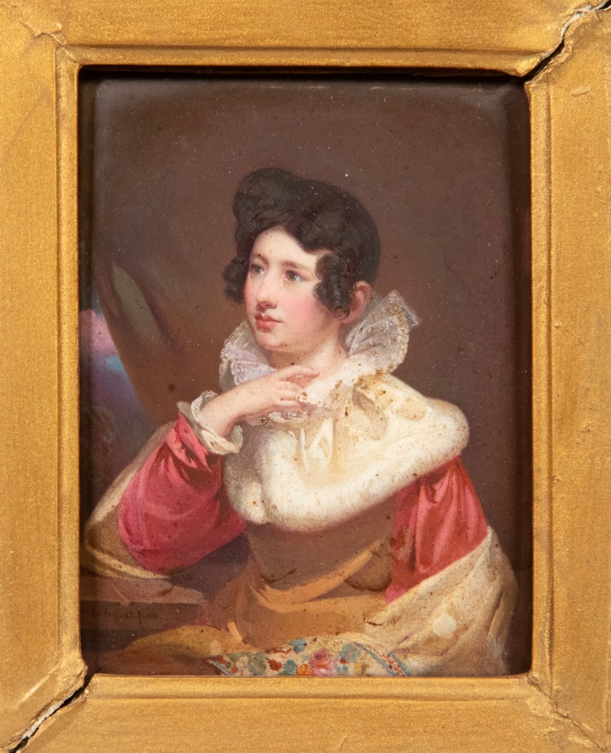 MINIATURE PORTRAIT OF WIFE TO SAMUEL F.B. MORSE BY PIQUET: MINIATURE PORTRAIT OF WIFE TO SAMUEL F.B. MORSE BY PIQUET Signed "R.E. Piquet - Roma" on table edge, (Rodolphe E. Piquet, French, 1840-1915.) Miniature enamel on porcelain, in a vintage gold deep