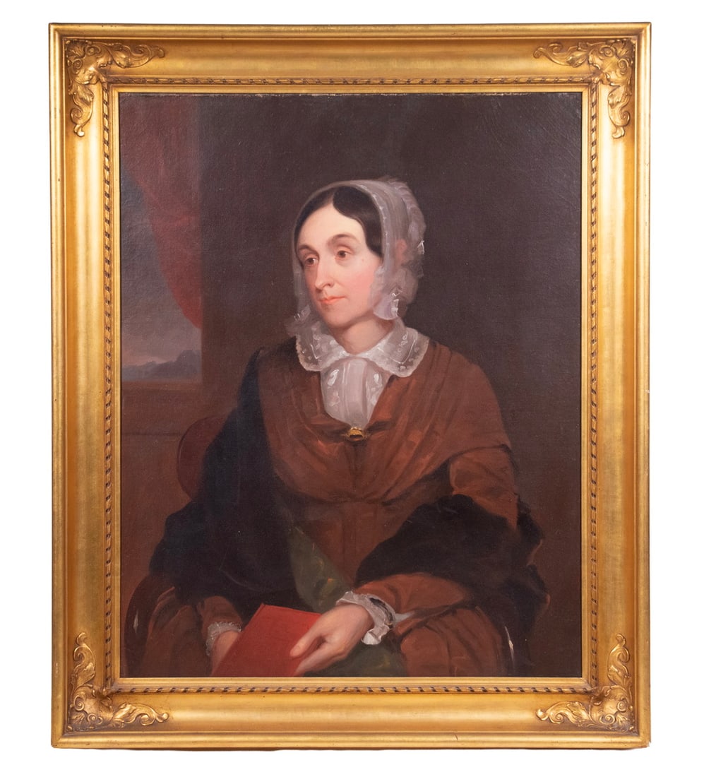 EDWIN D. WHITE (NY/MS, 1817-1877): EDWIN D. WHITE (NY/MS, 1817-1877) Portrait of a Woman seated at a draped window, holding a book, in a russet colored dress with lace collar and cap, a black shawl looped through her arms; oil on
