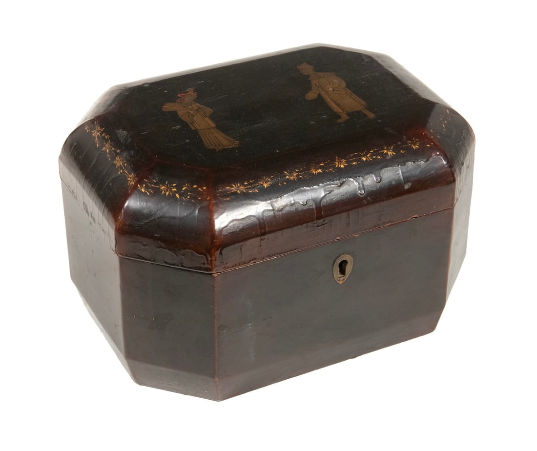 CHINESE EXPORT LACQUER TEA CADDY WITH TWIN PEWTER LINED COMPARTMENTS (1 of 3)