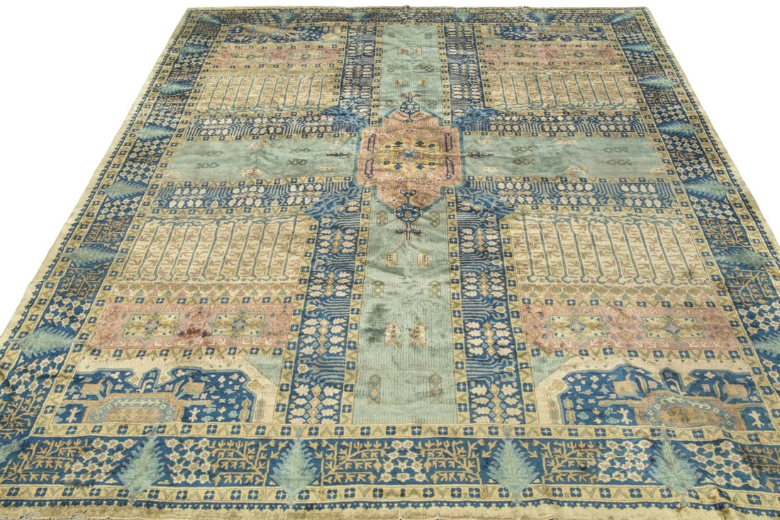 KAZAKH FOUR PANEL PRAYER RUG (15'7" x 12'): KAZAKH FOUR PANEL PRAYER RUG (15'7" x 12') An offering of a unique Kazakh prayer rug. It features a large cross with centered medallion dividing the field into four panels with repeating geometric