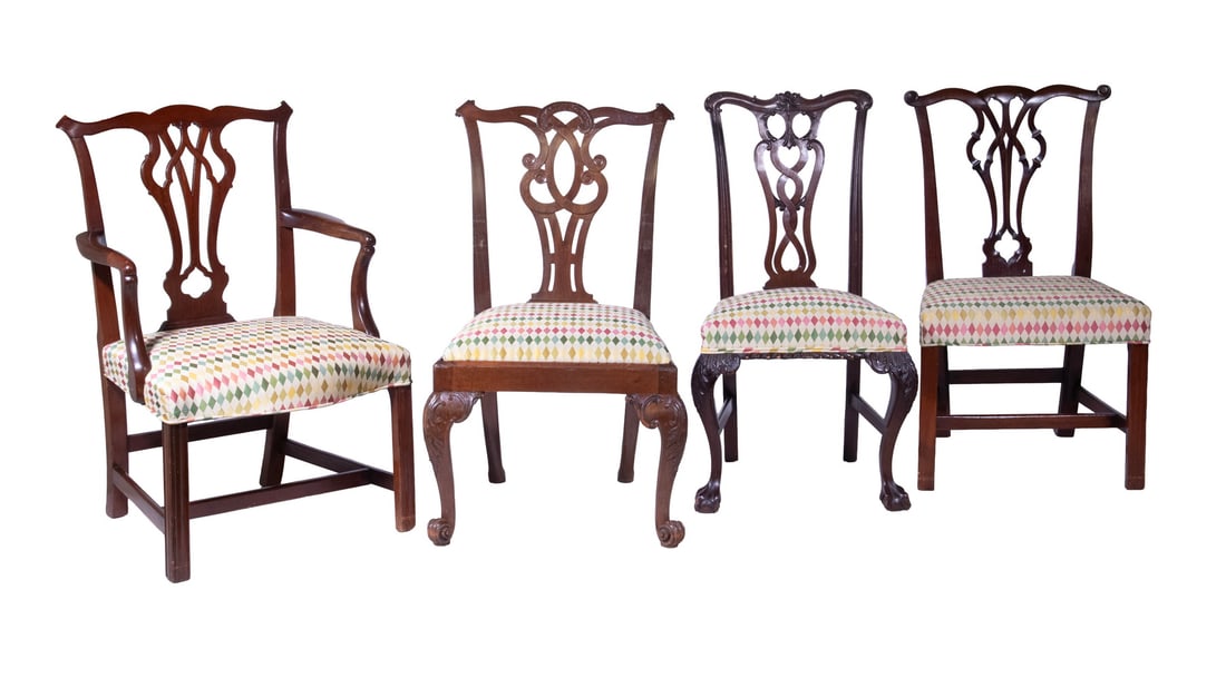 ASSEMBLED SET OF (9) CHIPPENDALE DINING CHAIRS: ASSEMBLED SET OF (9) CHIPPENDALE DINING CHAIRS (9) Mixed 18th c. and 20th c. Mahogany Chairs, (2) arm and (7) side, all with shaped crests, pierced splats and multi-color harlequin pattern fabric