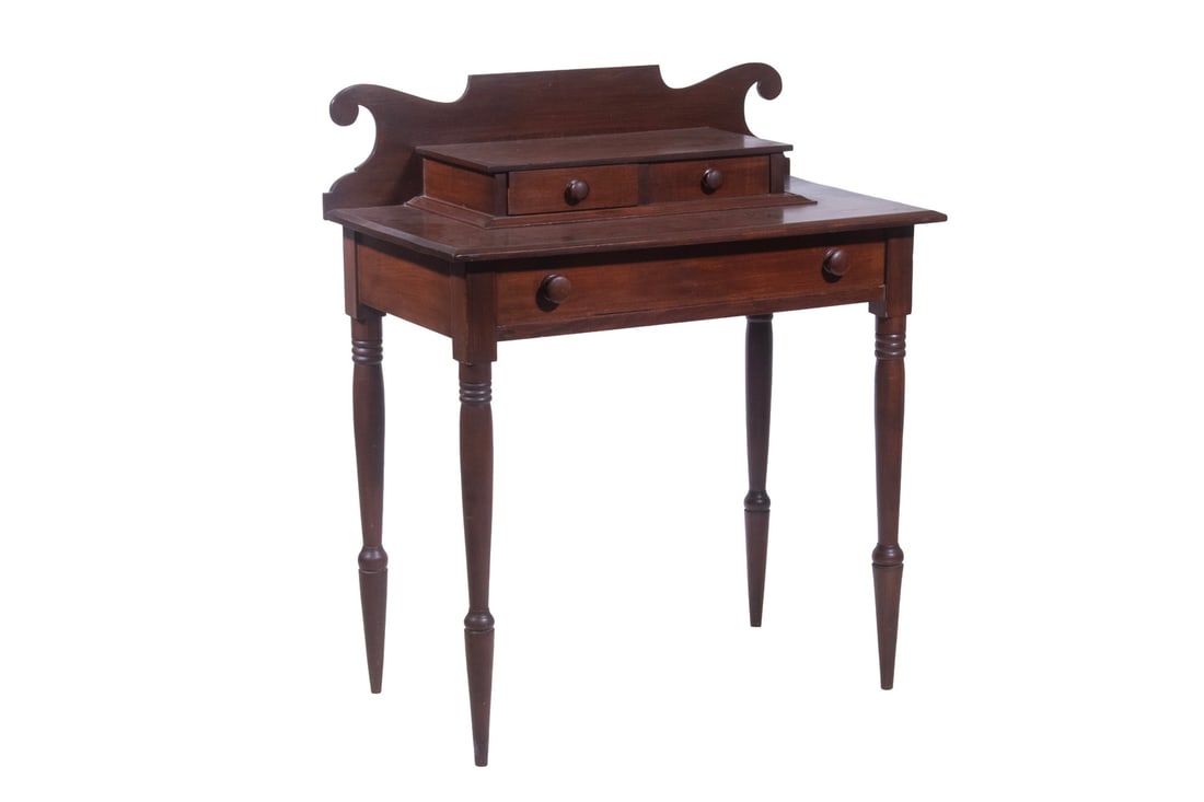 SHERATON DRESSING TABLE: SHERATON DRESSING TABLE Stand, with scrolled end backsplash, two top mounted glove drawers, beveled edge top surface, single front drawer, set on turned legs. Size: 35 x 16 1/2 x 30 in. (88.9 x 41.9