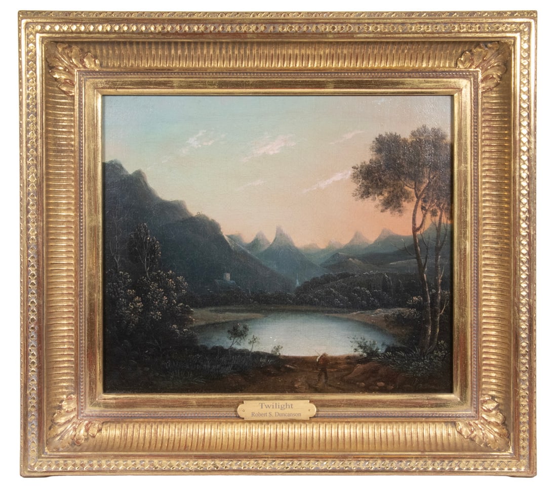 ROBERT S. DUNCANSON (NY/OH/MI, 1821-1872): ROBERT S. DUNCANSON (NY/OH/MI, 1821-1872) Twilight, circa 1849, oil on canvas, signed lower right. An evocative landscape by Robert Seldon Duncanson, this twilight painting is among the artist s