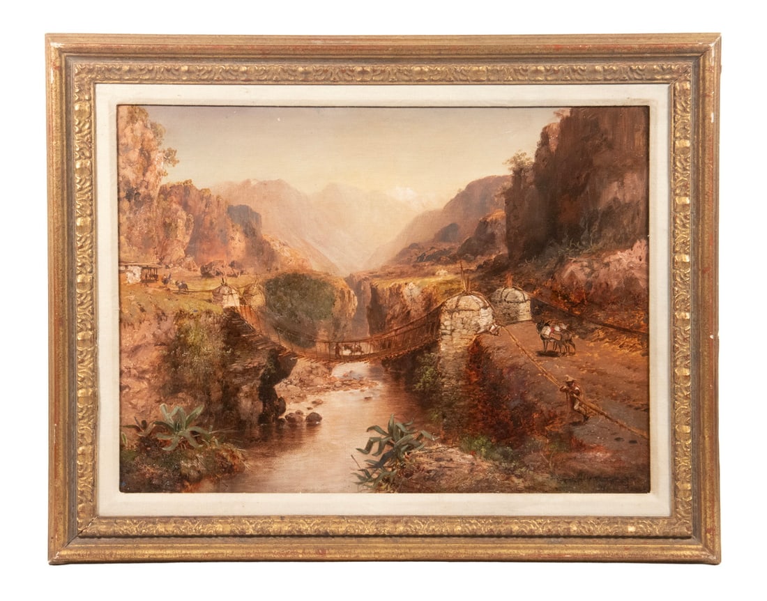 GRANVILLE PERKINS (NY/MD, 1830-1895): GRANVILLE PERKINS (NY/MD, 1830-1895) Queshuachaca, the last remaining Inca Rope Bridge, Apur mac River near Huinchiri, in Quehue District, Canas Province, Peru, oil on canvas, signed and dated 1862
