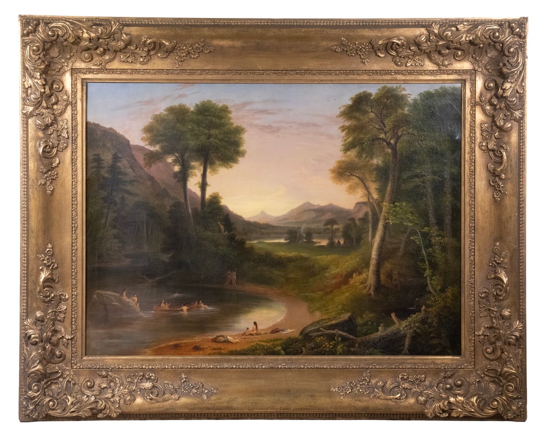 HENRY CHEEVER PRATT (MA/CA/NH, 1803-1880): HENRY CHEEVER PRATT (MA/CA/NH, 1803-1880) "Indians Bathing, A Scene of New-England", oil on canvas, titled, signed and dated 1843 verso in period hand, probably the artist's, depicting a group of