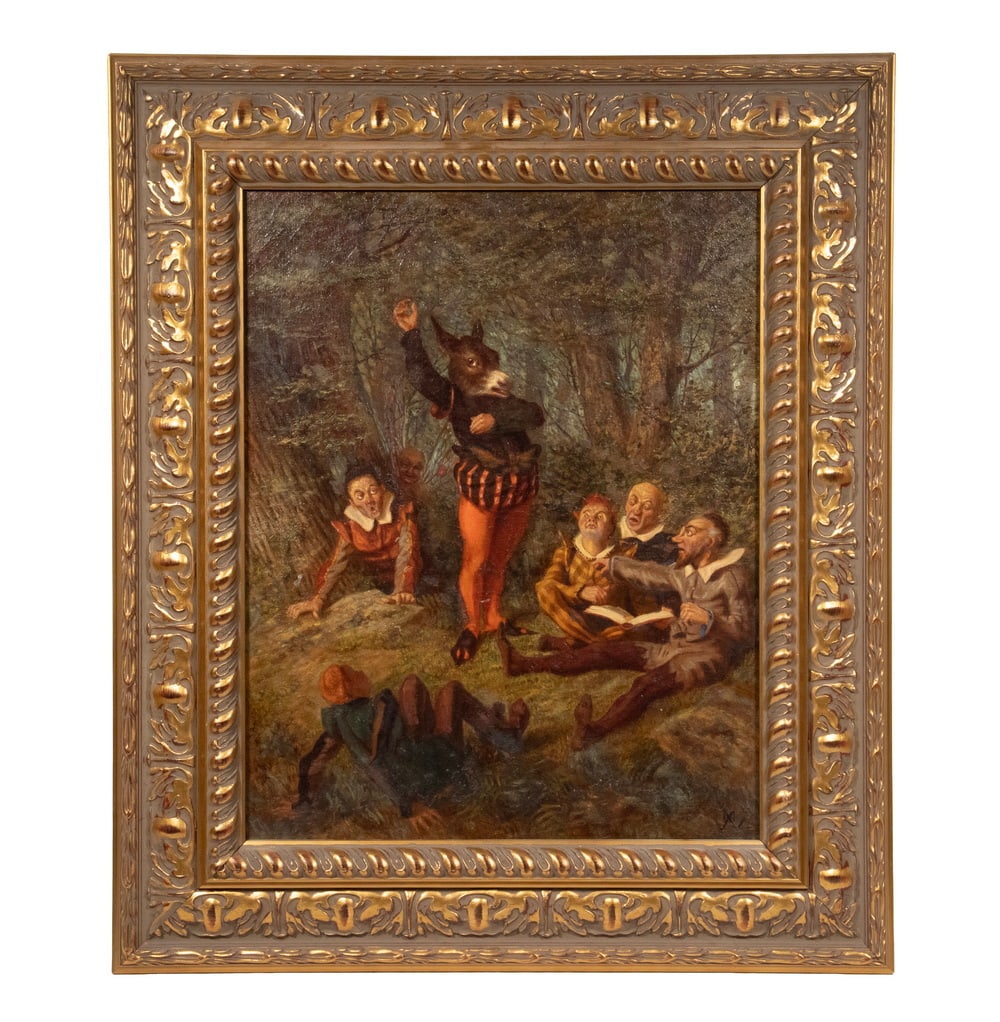 MARCUS A. WATERMAN (MA/RI, 1834-1914): MARCUS A. WATERMAN (MA/RI, 1834-1914) "Midsummer Night's Dream", oil on canvas, monogrammed lower right, depicting the comedy by William Shakespeare, first played 1595-56. The character "Nick Bottom"