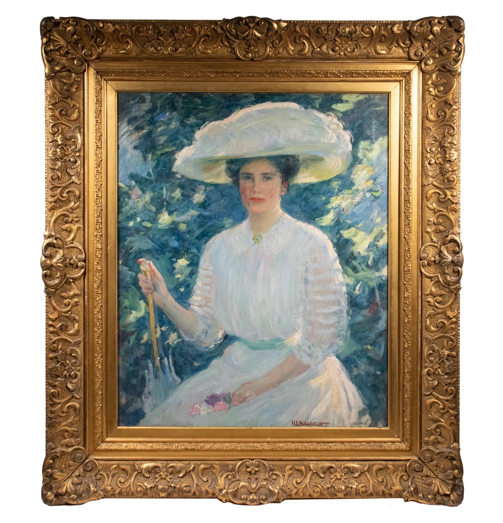 HOWARD LOGAN HILDEBRANT (CT/NY, 1872-1958): HOWARD LOGAN HILDEBRANT (CT/NY, 1872-1958) "Woman in White", oil on canvas, signed lower right, circa 1905, depicting a woman in a large picture hat, seated in a garden bathed in dappled light. In the