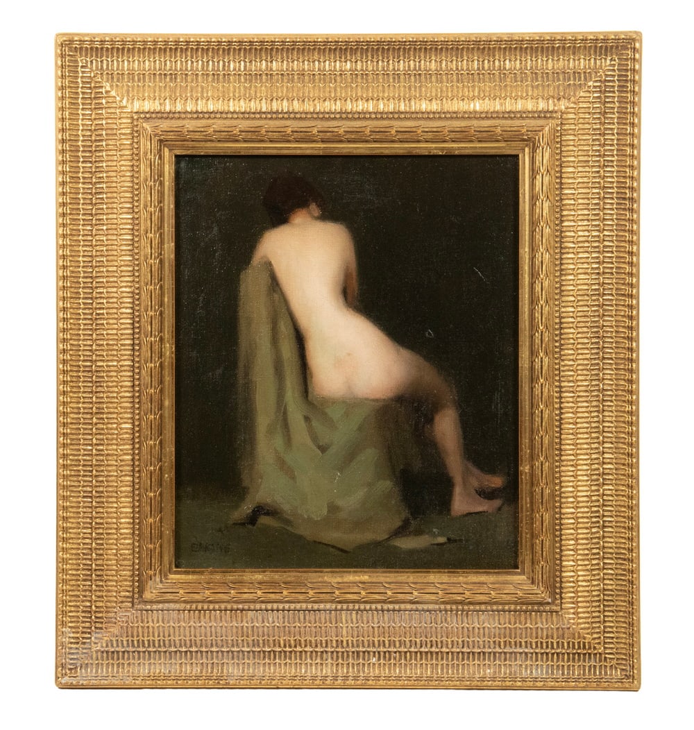 THOMAS COWPERTHWAITE EAKINS (PA/FRANCE, 1844-1916): THOMAS COWPERTHWAITE EAKINS (PA/FRANCE, 1844-1916) Seated Nude Model, on draped chair, viewed from behind, her hair up, oil on canvas, signed lower left. In replica Aesthetic period low ogee gilt
