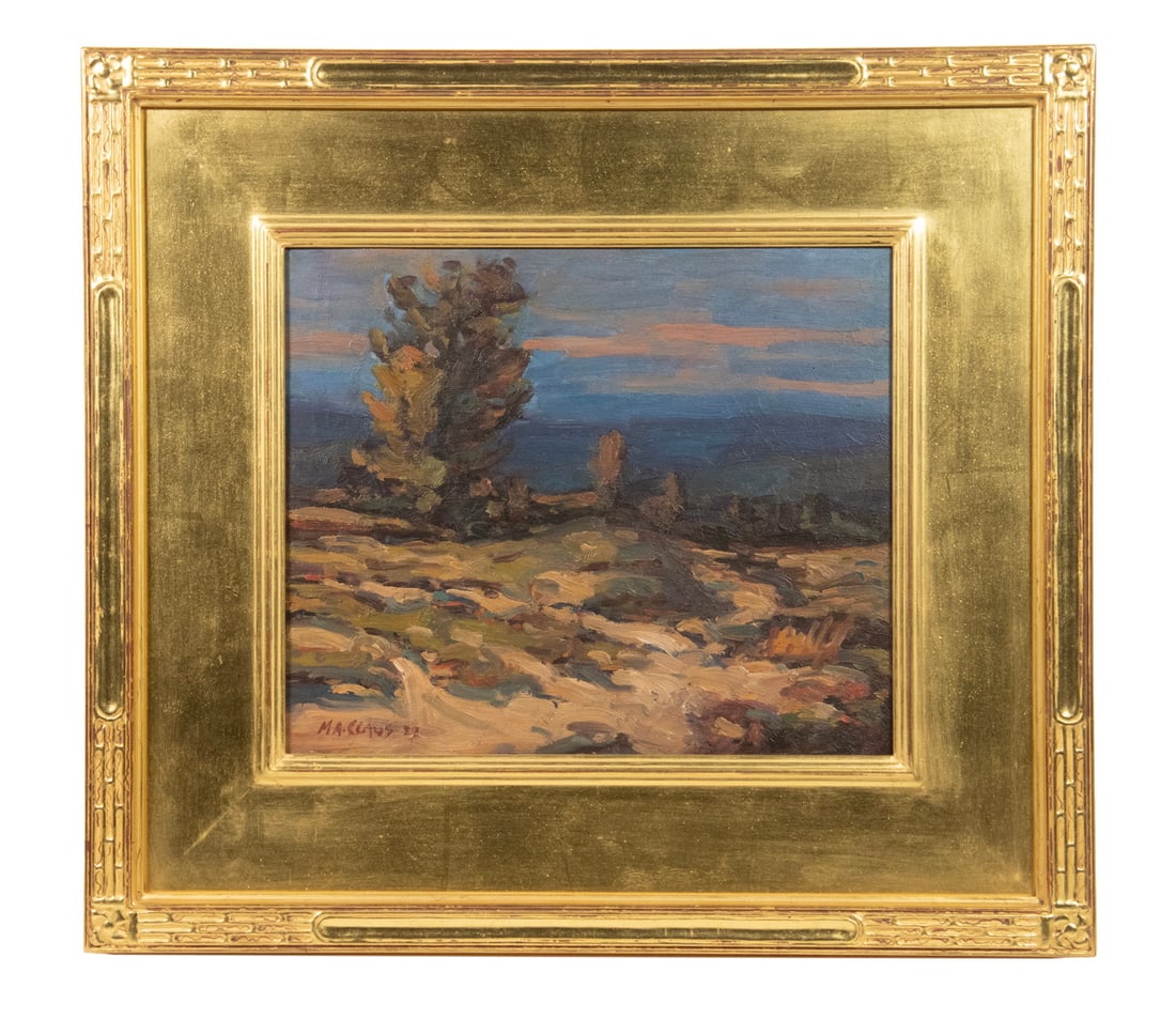 MAY AUSTIN CLAUS (MA, 1882 - ?): MAY AUSTIN CLAUS (MA, 1882 - ?) "Sunset, Provincetown, Massachusetts", signed lower left and dated '24, location noted verso. In gilt replica Arts & Crafts panel frame. OS: 17 x 19 in. (43.2 x 48.3